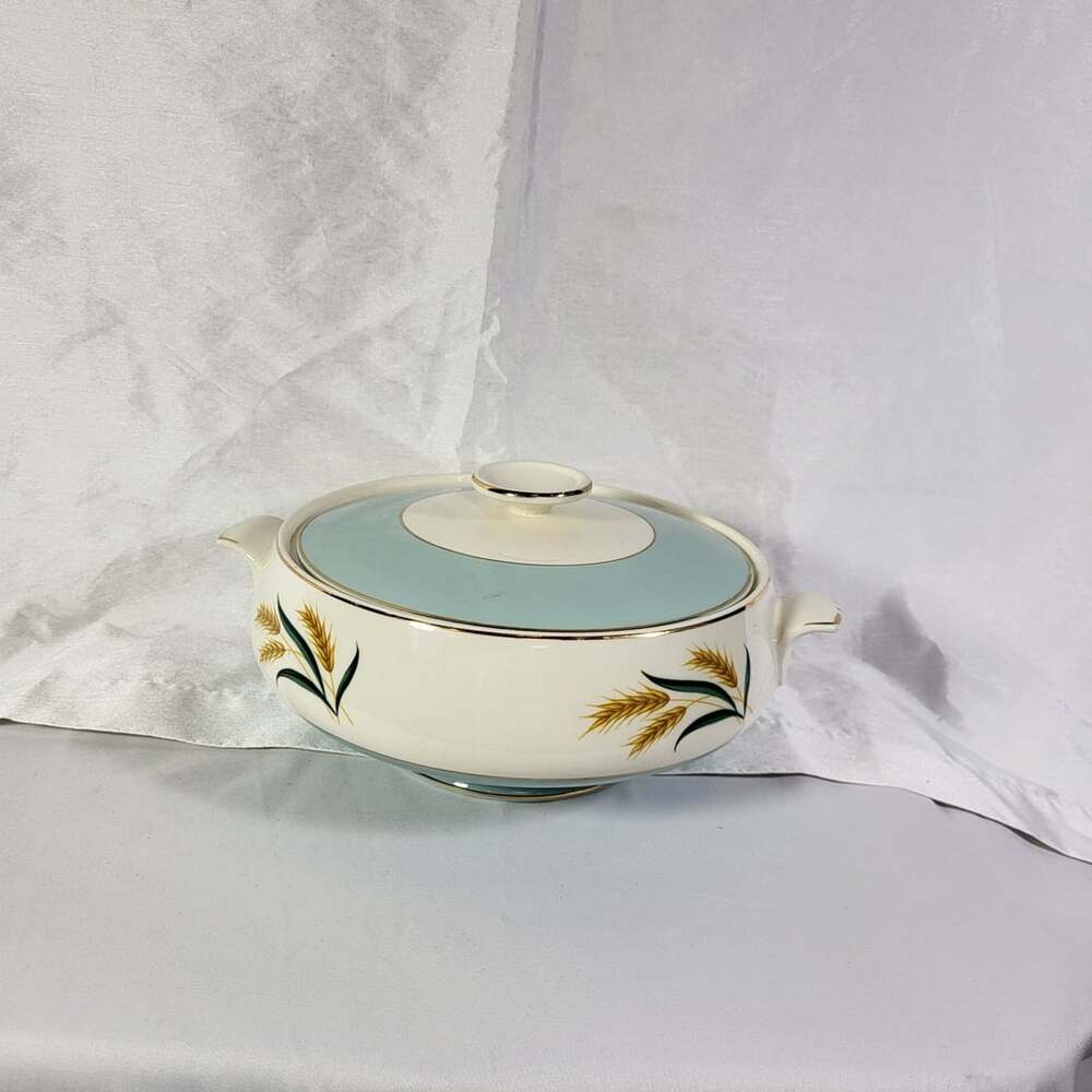 Vintage Taylor Smith & Taylor Autumn Wheat Covered Casserole Dish with Turquoise